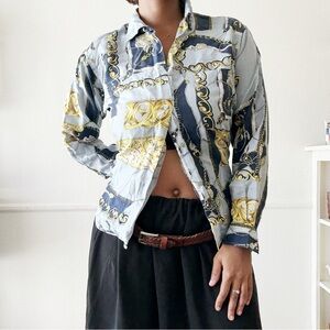 vintage silk medieval renaissance print button up shirt
